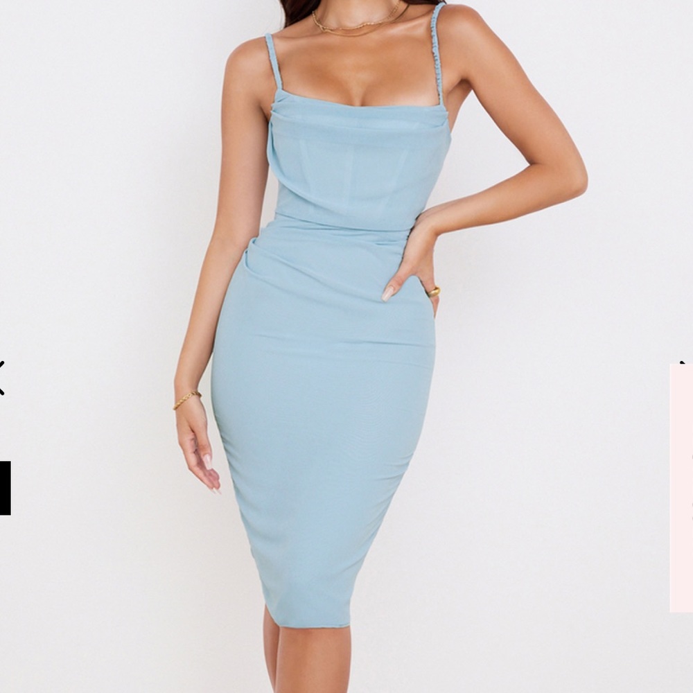NWT House of CB Jamille Baby Blue Pleated Draped Corset Midi Dress